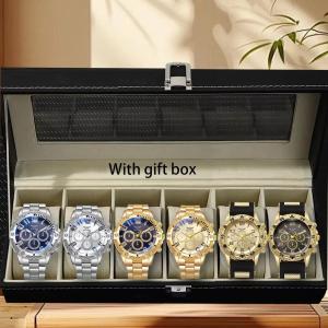Six-piece watch box set, stylish fashion party watch with stainless steel strap, men's gift, men's present.